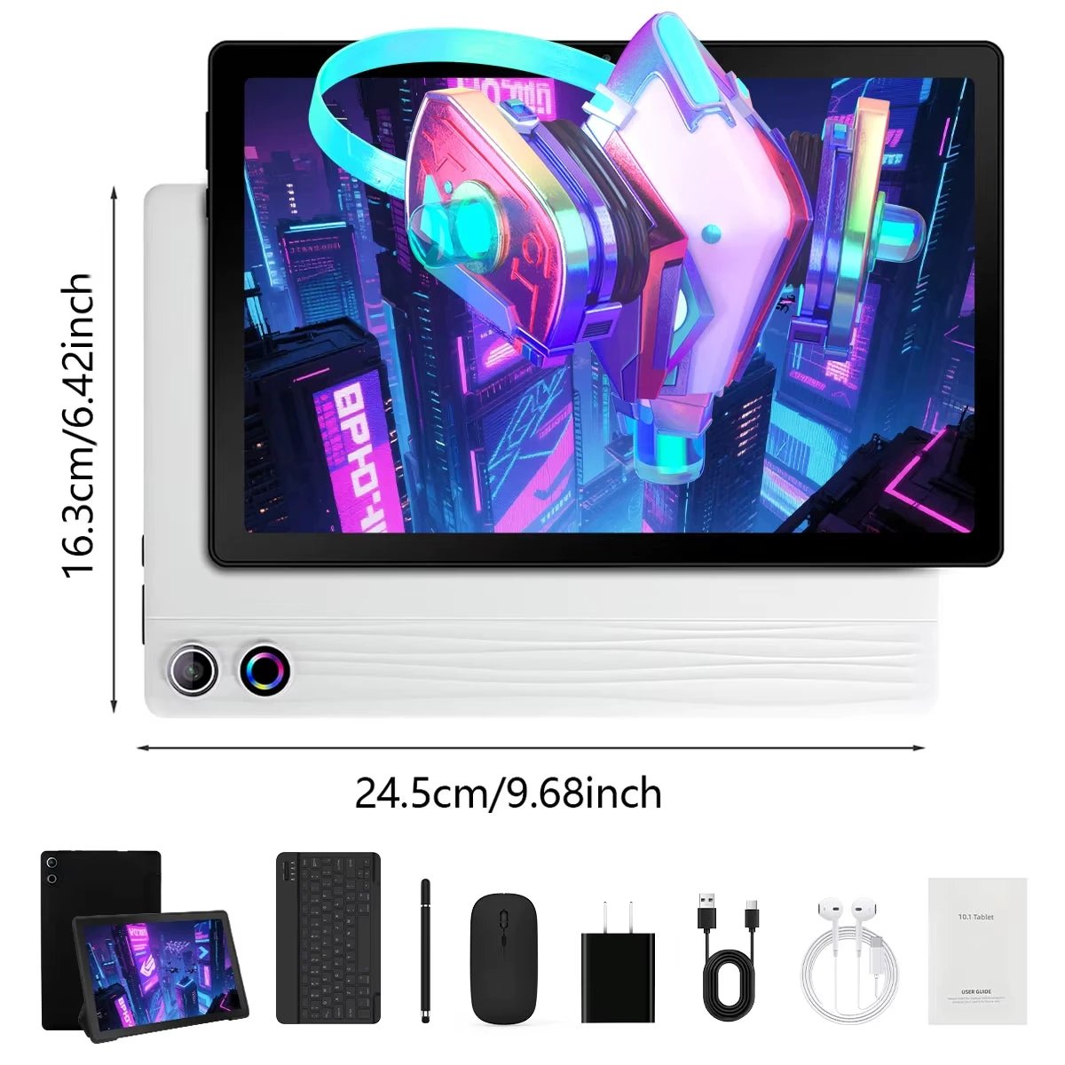 10.1 Inch Android 14 Tablet 12GB RAM 64GB ROM Face Unlock IPS HD Screen with Protective Case Stylus Keyboard Mouse Headphones