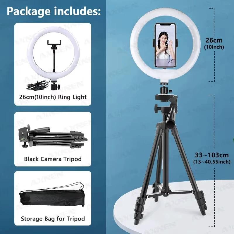 26Cm Photo Ringlight LED Selfie Ring Light Phone Lamp Photography Lighting with Tripod Stand Holder, Optional Remote Control